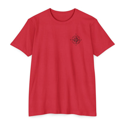 Red t-shirt with a black compass design on a white background - Henosis Apparel virtue-based clothing