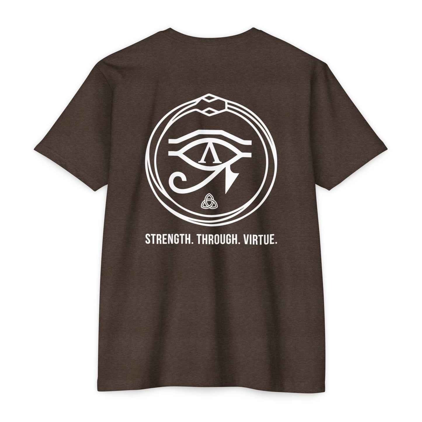 Expresso t-shirt with white renewal symbol and text on a white background - Henosis Apparel virtue-based clothing