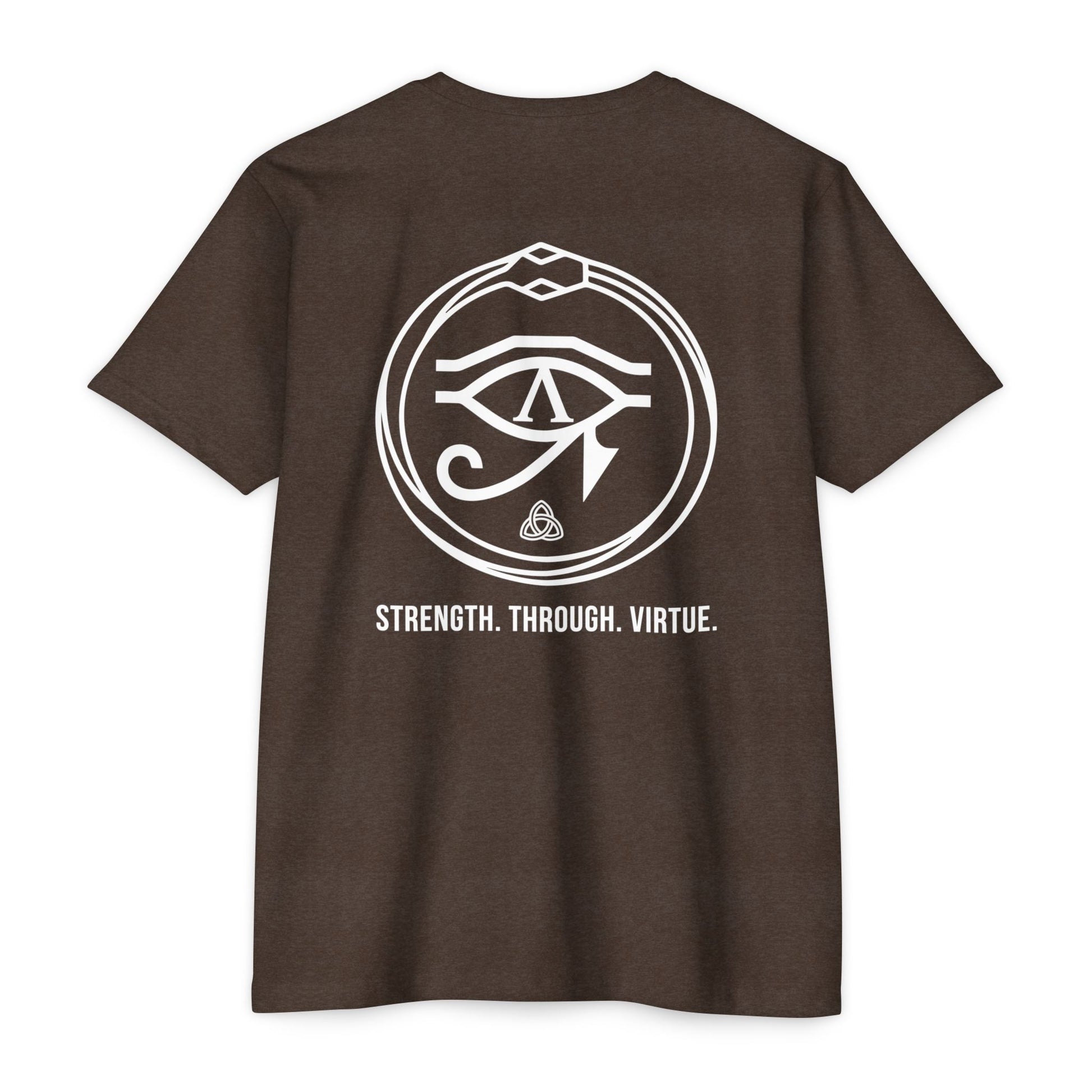 Expresso t-shirt with white renewal symbol and text on a white background - Henosis Apparel virtue-based clothing