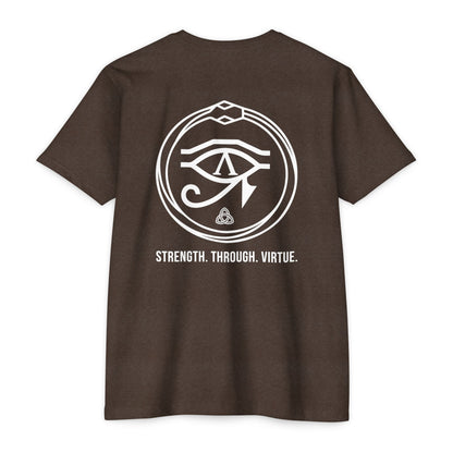 Expresso t-shirt with white renewal symbol and text on a white background - Henosis Apparel virtue-based clothing